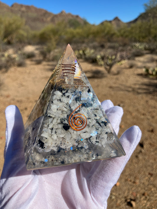 Orgonite Pyramid ~ Rainbow Moonstone / Quartz