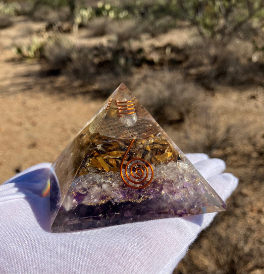 Orgonite Pyramid ~ Tigers Eye / Quartz / Amethyst