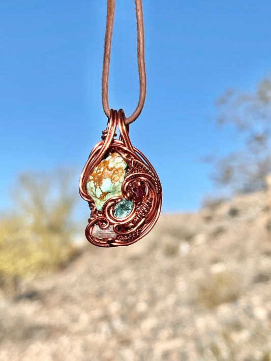 Turquoise / Garnet / Apatite / Tourmaline ~ Wire Wrap Pendant